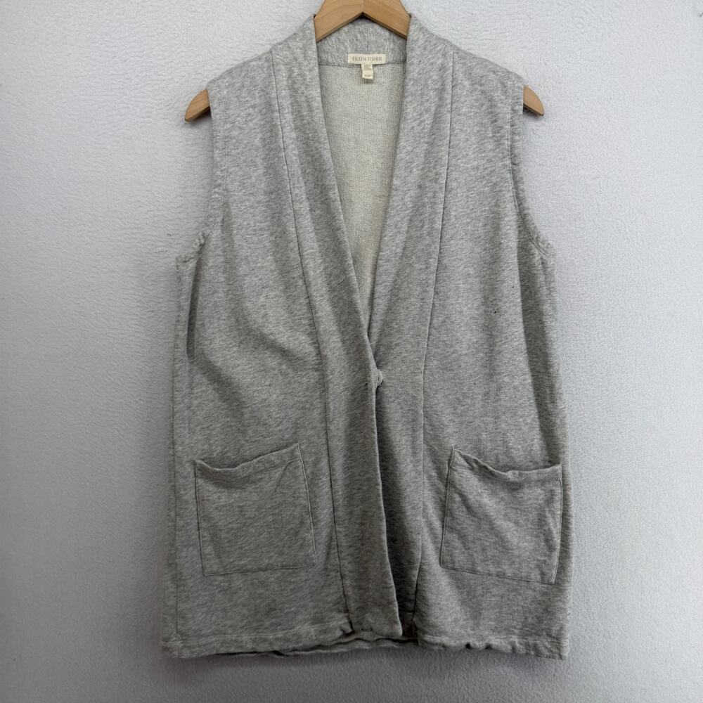 EILEEN FISHER Vest M Organic Cotton French Terry Sleeveless Snap Cardigan Gray